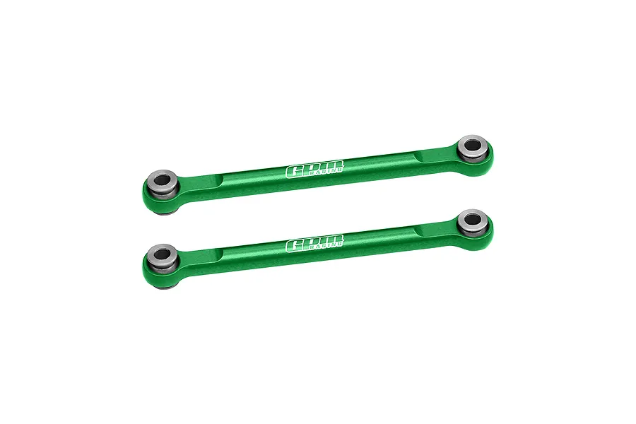Two green anodized aluminium GPM Racing steering linkage rods with silver metal pivot balls at each end, isolated on a white background.