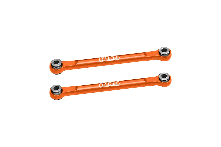 Two orange anodized aluminium GPM Racing front steering linkages with silver metal pivot ball ends, isolated on a white background.