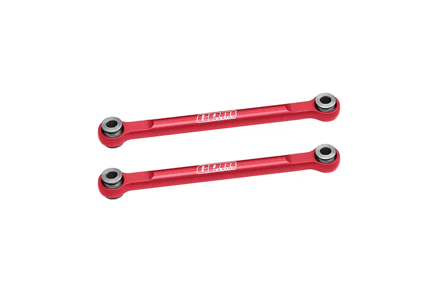 Two red anodized aluminium steering linkage rods from GPM Racing with silver metal pivot ball ends, isolated on a white background.