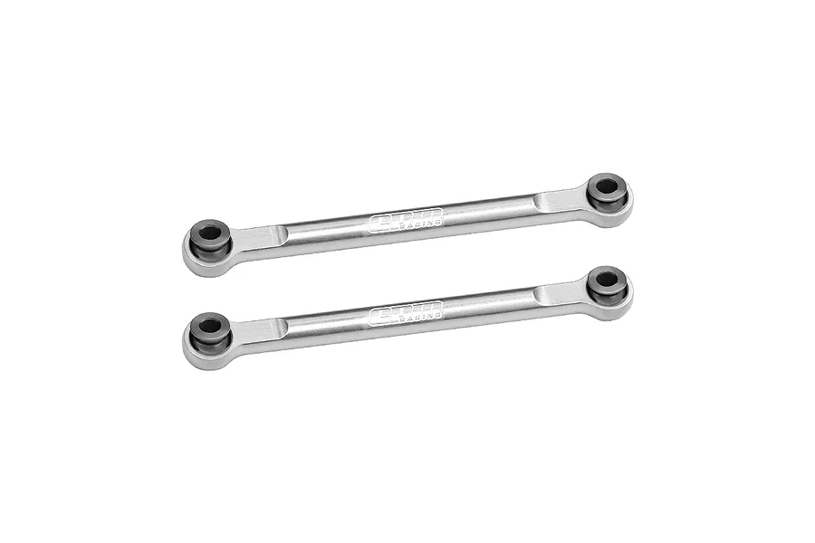 Two silver GPM Racing aluminium front steering linkages for RC cars, featuring integrated ball joints at each end.