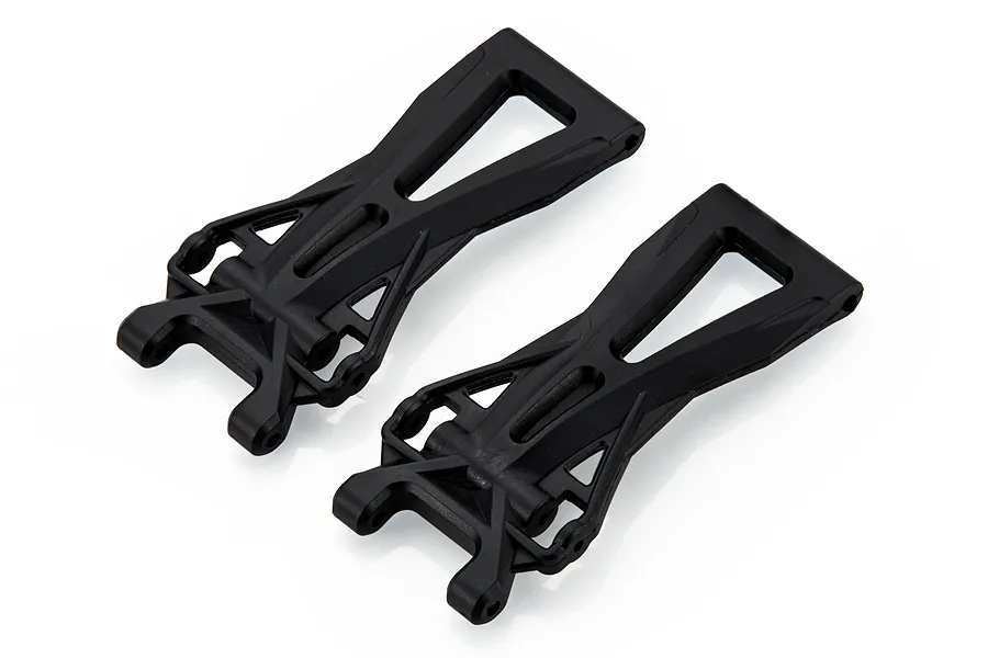 Two black plastic rear lower suspension arms for Xinlehong V2 RC cars, shown from an angled top-down perspective on a white background.