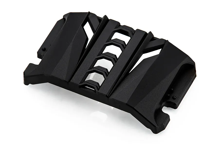 A black plastic battery cover for an RC vehicle, featuring a textured, vented design.