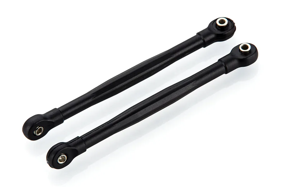 Two black plastic RC car suspension linkages with metal pivot balls at each end, shown against a white background.