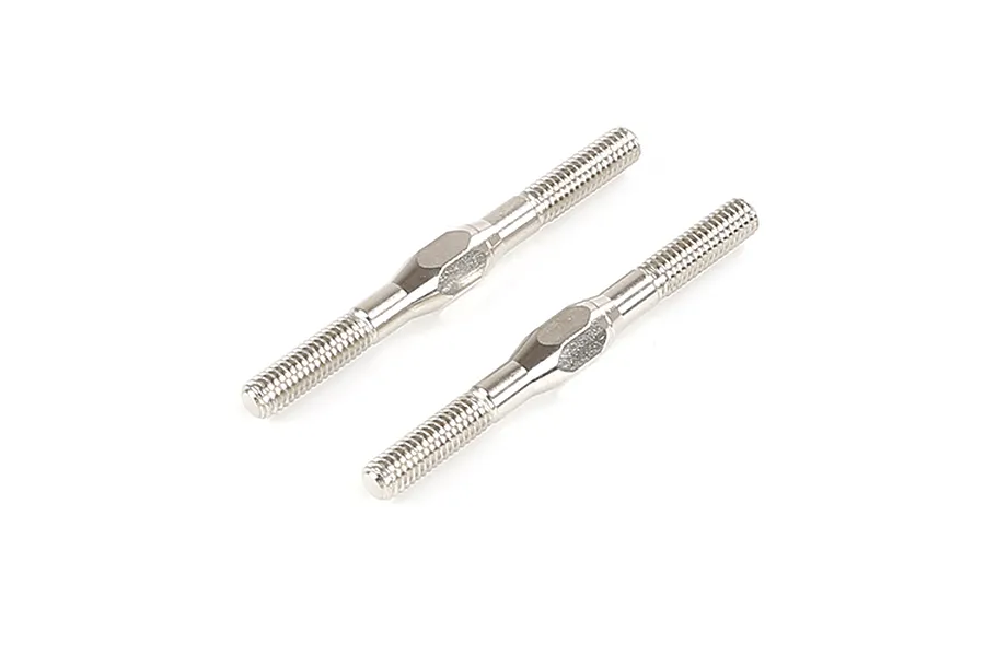Two silver-coloured metal adjustable turnbuckle rods with threaded ends and a central hexagonal section for adjustment.