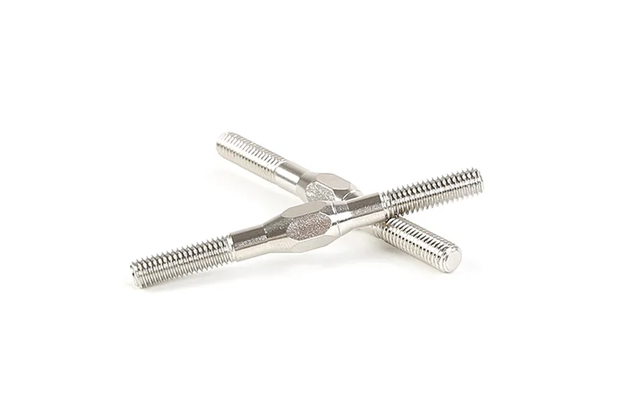 Two silver-coloured metal adjustable turnbuckle rods for RC vehicles, shown crossed on a white background.