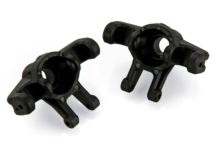 Two black plastic RC front steering hubs for Xinlehong V2 vehicles, shown from an angled perspective against a white background.