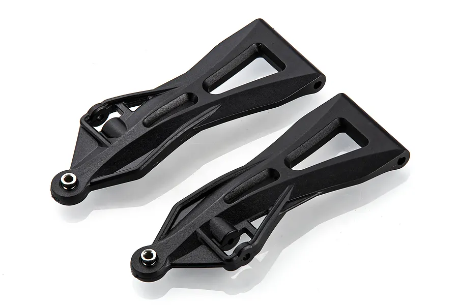 Two black plastic front lower suspension arms for Xinlehong RC vehicles, shown from an angled top-down perspective on a white background.
