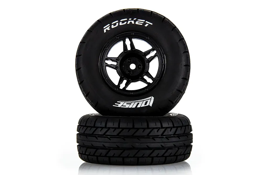Two Louise Rocket 2.2/3.0 inch RC short course front wheels with black rims and treaded rubber tyres, stacked against a white background.