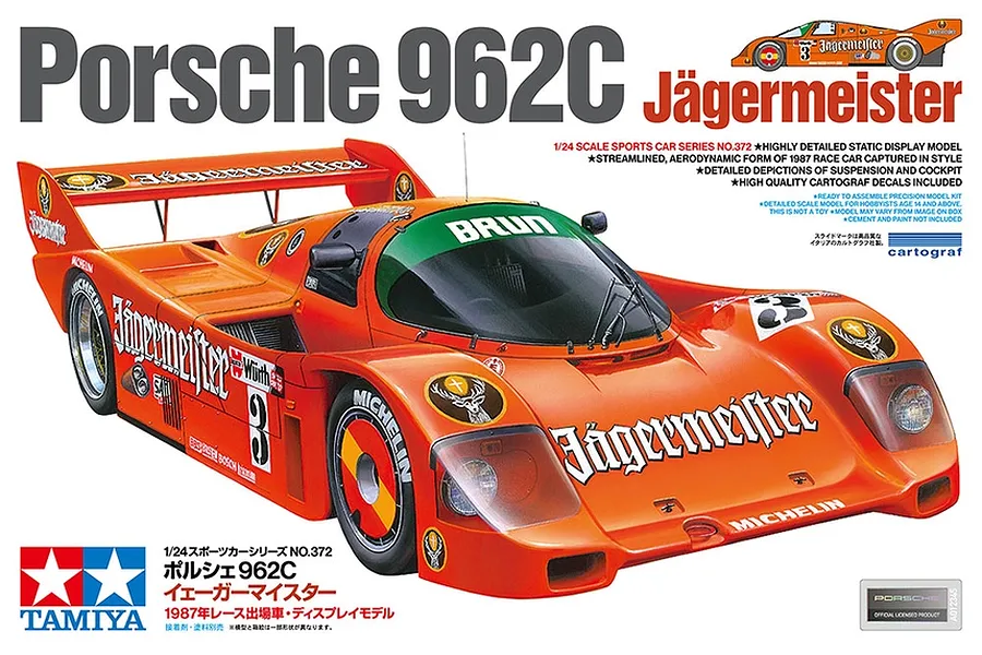 Tamiya 1/24 Porsche 962C Jagermeister Racing Car Scaled Plastic Model Kit image 111800