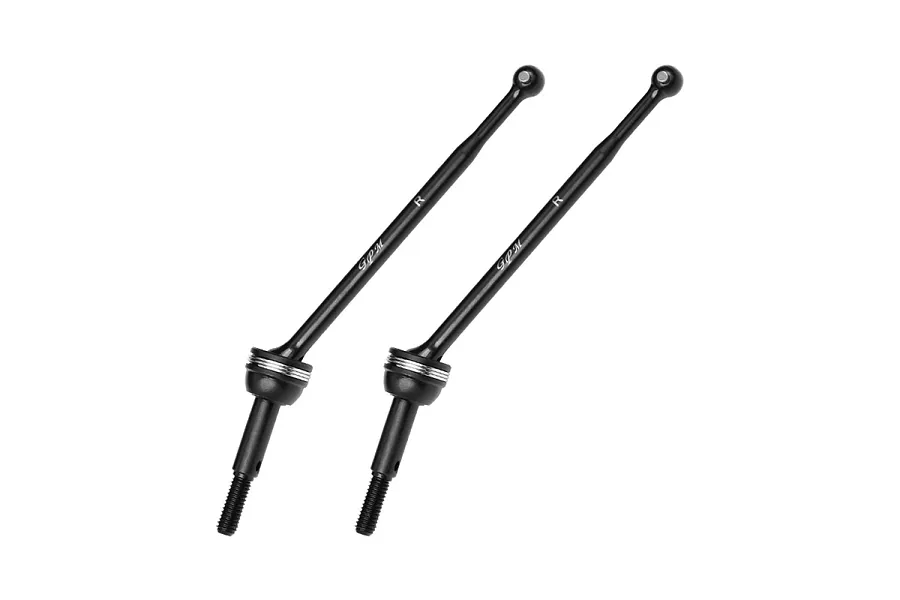 Two black GPM Racing carbon steel rear CVD driveshafts for RC cars, shown against a white background.
