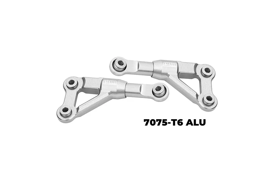 Two silver GPM Racing aluminium front upper suspension arms for RC cars, featuring a triangular design and engraved branding.