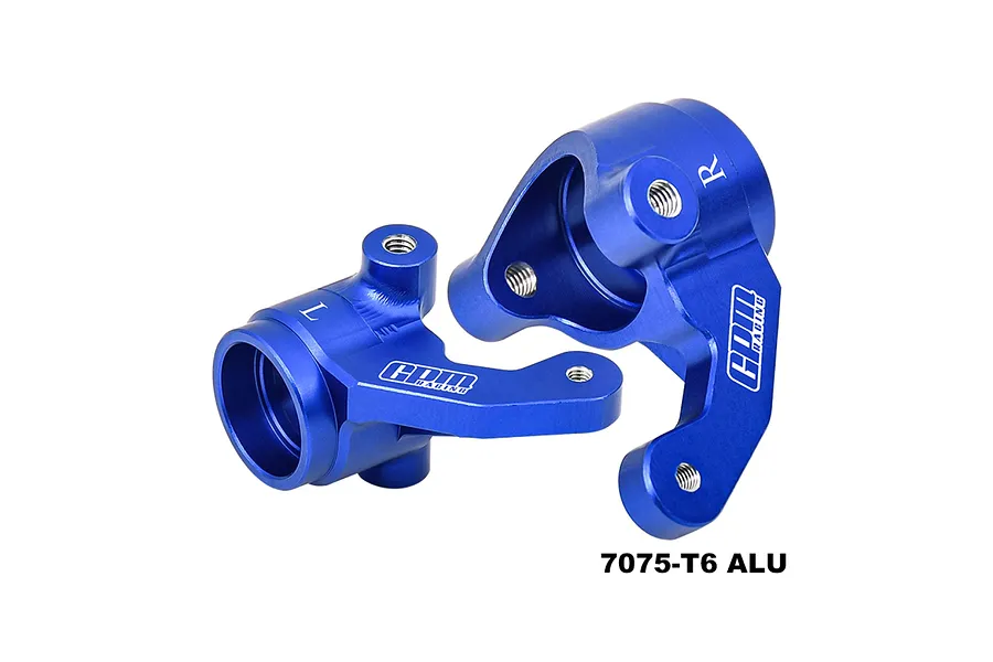 Two blue anodized aluminium steering hubs for RC cars, marked L and R, with GPM Racing branding and 7075-T6 ALU text.