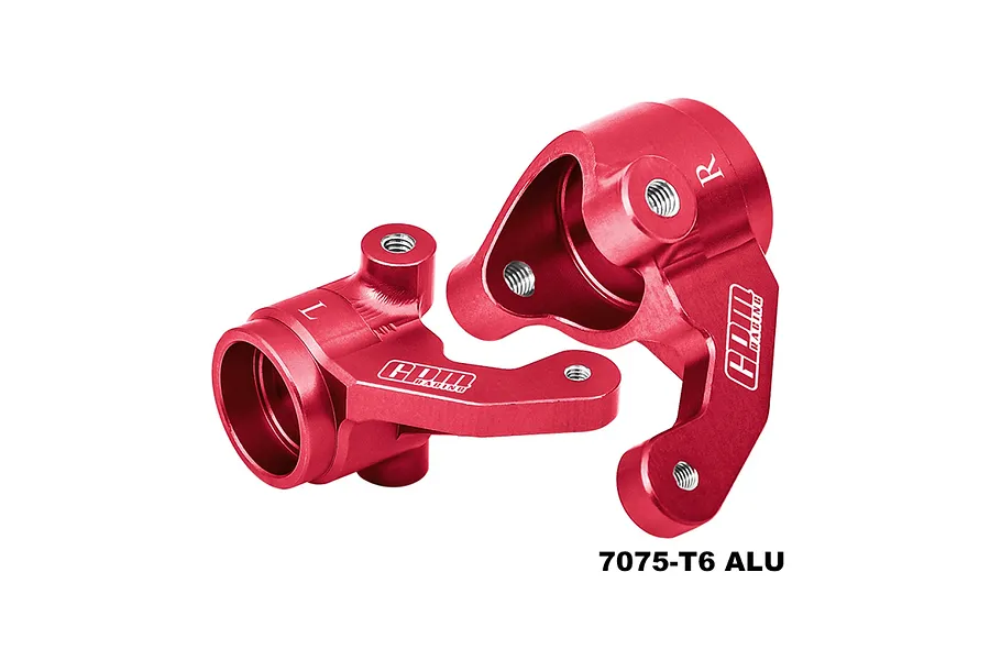 A pair of red anodized aluminium steering hubs for RC cars, marked with L and R, featuring the GPM Racing logo and 7075-T6 ALU text.
