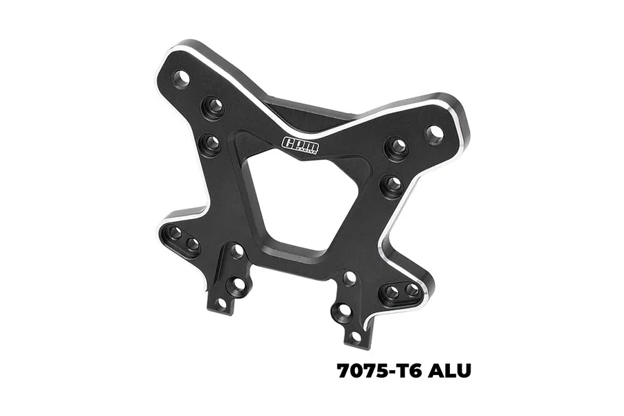 A black GPM Racing aluminium front shock tower for RC cars, featuring silver chamfered edges and multiple mounting holes.