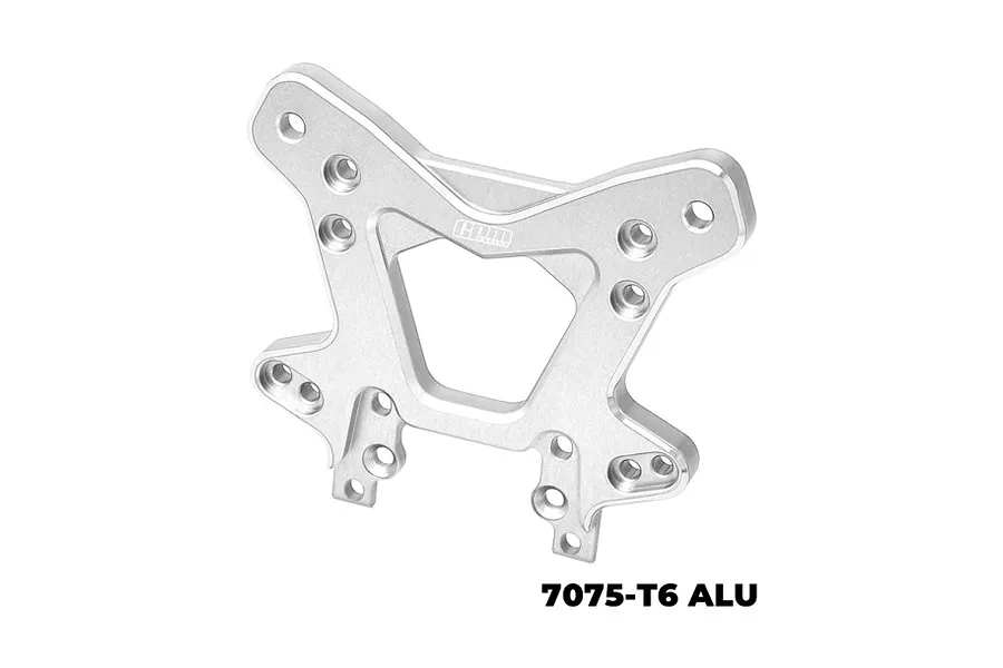 A silver GPM Racing aluminium front shock tower for an RC car, featuring multiple mounting holes and a machined finish.
