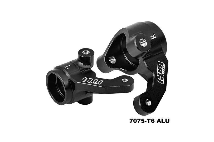 Two black GPM Racing aluminium steering hubs for RC cars, marked L and R, on a white background.