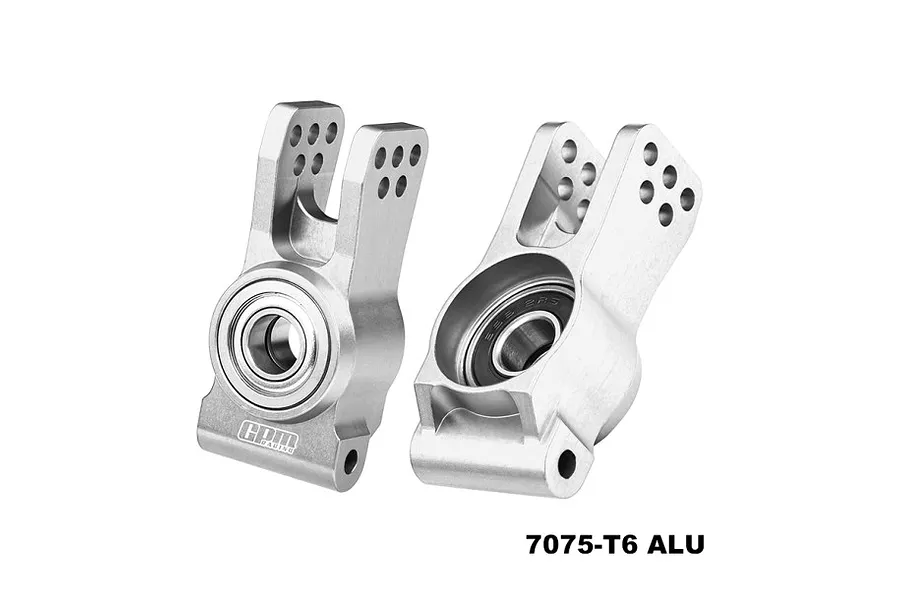 A pair of silver GPM Racing aluminium rear hubs for RC cars, featuring multiple mounting holes and pre-installed bearings.