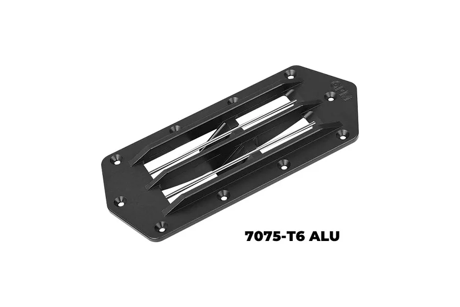 A black GPM Racing aluminium intake grate for RC boats, featuring a sleek, angular design with mounting holes and silver-toned internal bars.