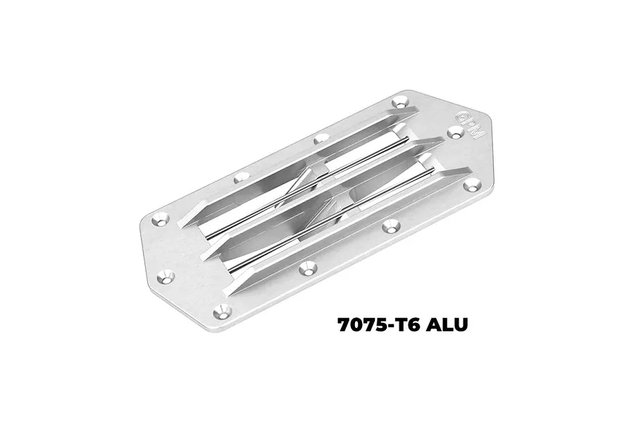 A silver GPM Racing aluminium intake grate for RC boats, featuring a multi-slotted design and countersunk screw holes.
