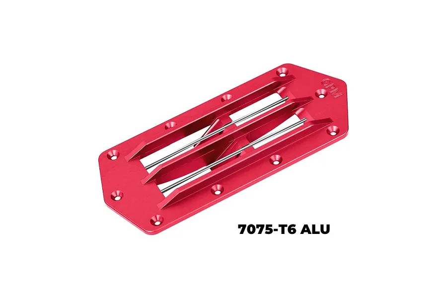A red anodized aluminium intake grate for an RC boat by GPM Racing, featuring a sleek, angular design with mounting holes and silver metal bars.