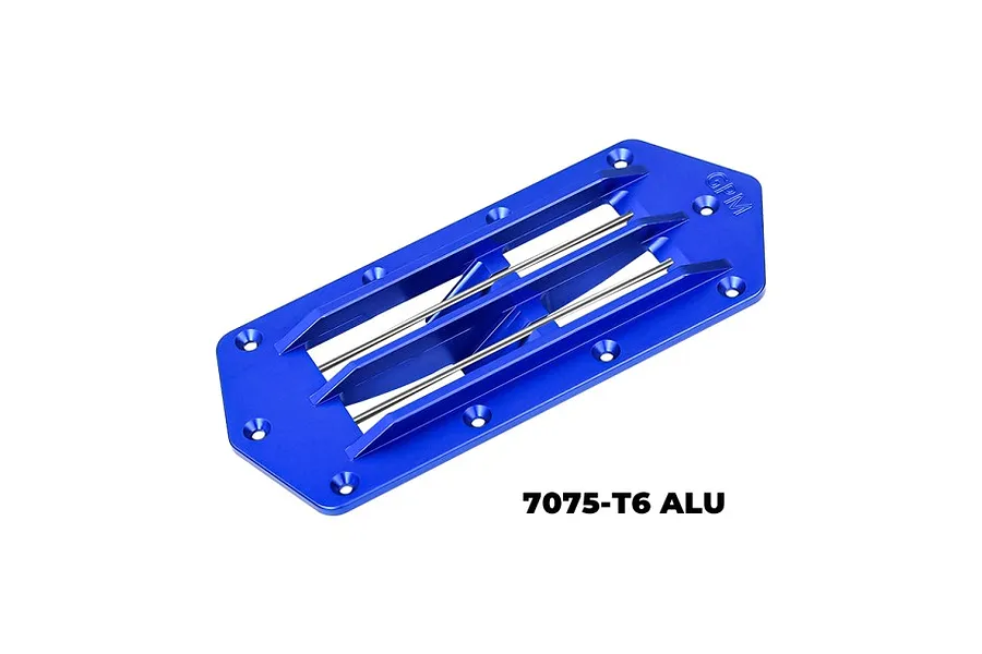 A blue anodized aluminium RC boat intake grate by GPM Racing, featuring a pointed front and multiple mounting holes.