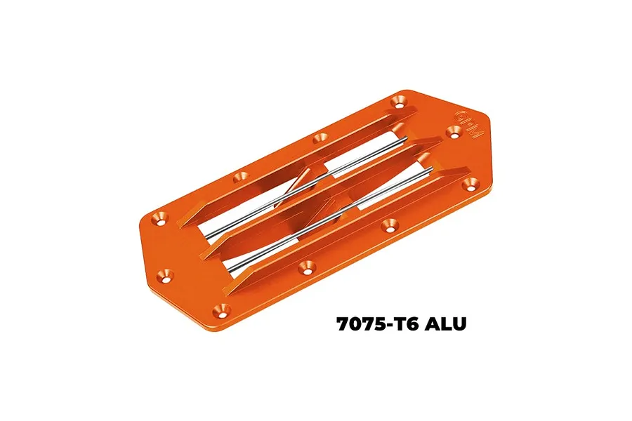 An orange GPM Racing aluminium intake grate for RC boats, featuring a 7075-T6 aluminium construction and mounting holes.