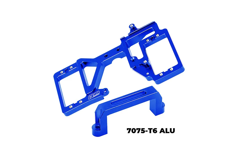 GPM Racing blue anodized aluminium servo mount set for RC vehicles, featuring a main bracket and a separate support brace.