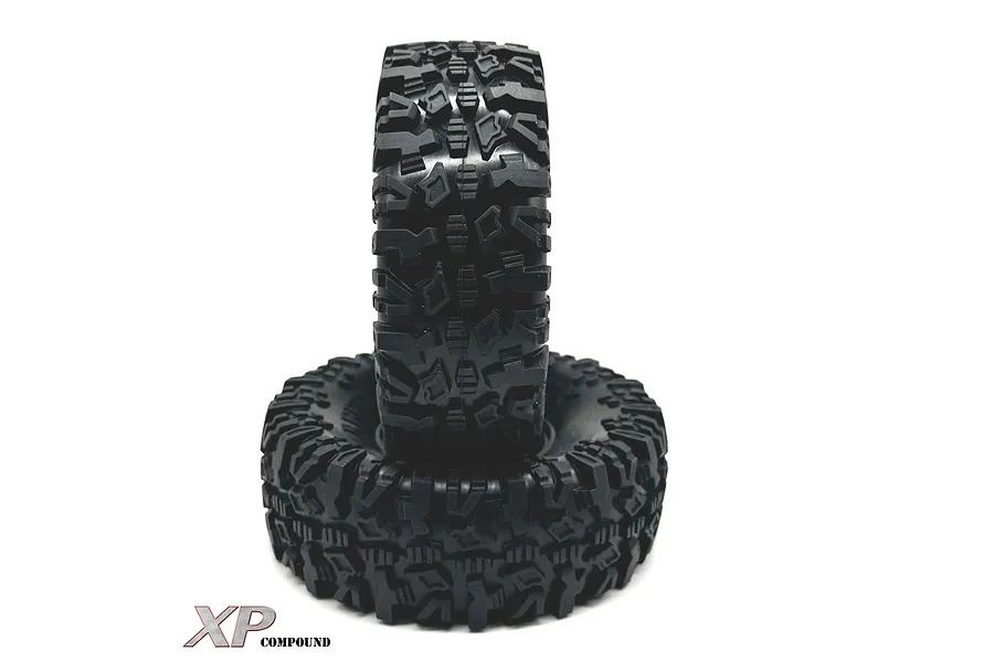 Two black 1.9 inch RC crawler tyres stacked vertically against a white background, featuring aggressive tread patterns and XP Compound branding.