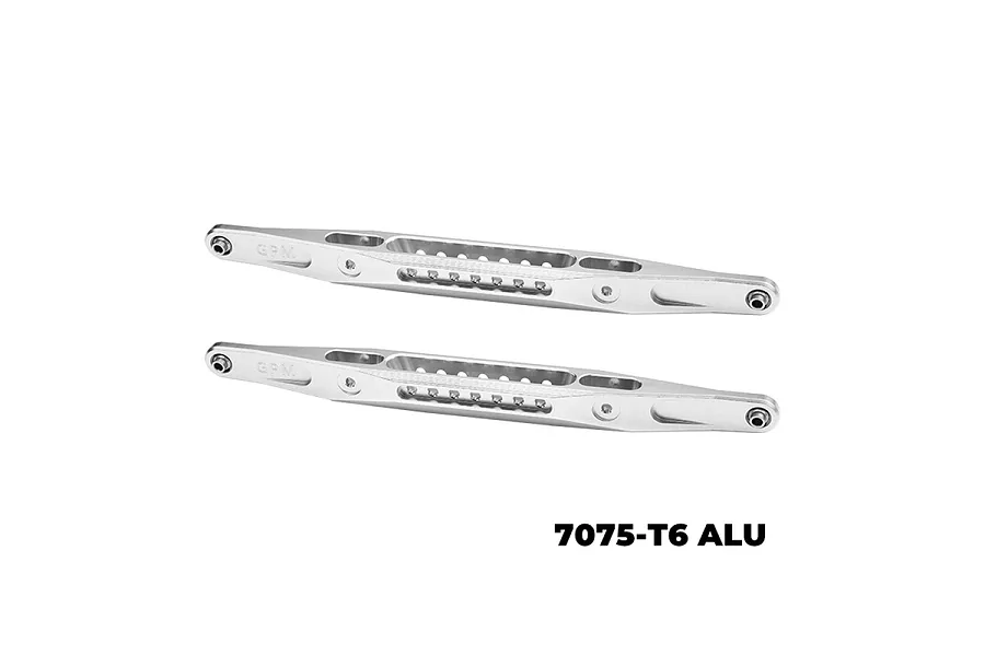 Two silver GPM Racing aluminium rear lower trailing arms for RC cars, featuring a machined design with multiple mounting holes.