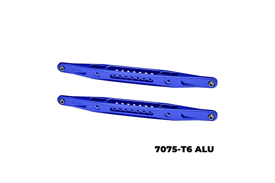 Two blue anodized aluminium rear lower trailing arms for RC vehicles, featuring GPM branding and multiple mounting holes.