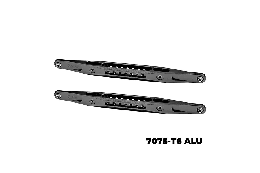 Two black GPM Racing aluminium rear lower trailing arms for RC vehicles, shown against a white background.