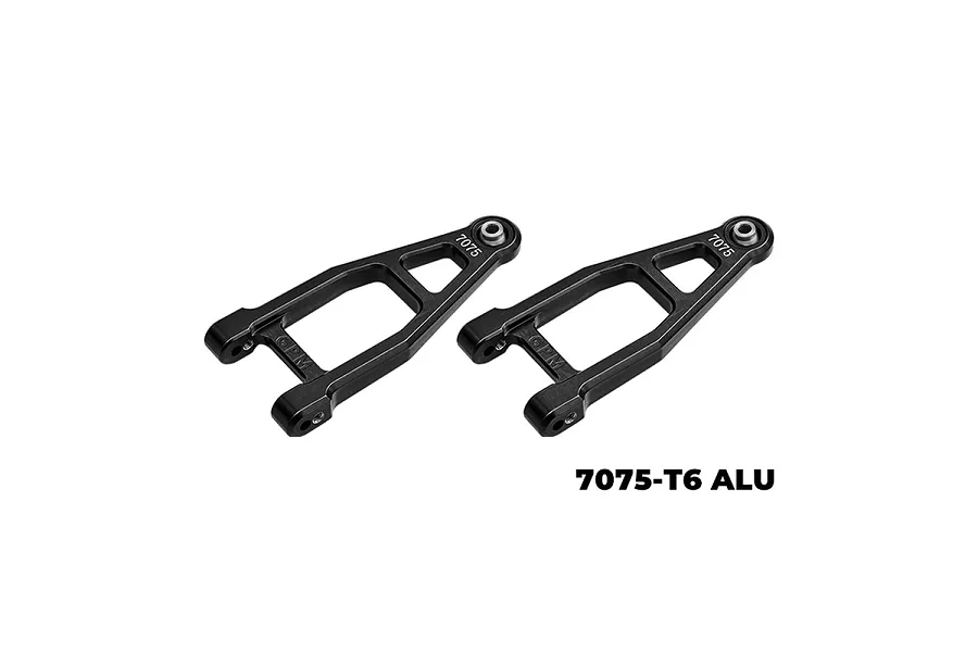 Two black GPM Racing aluminium front upper suspension arms for RC cars, featuring 7075-T6 alloy construction.