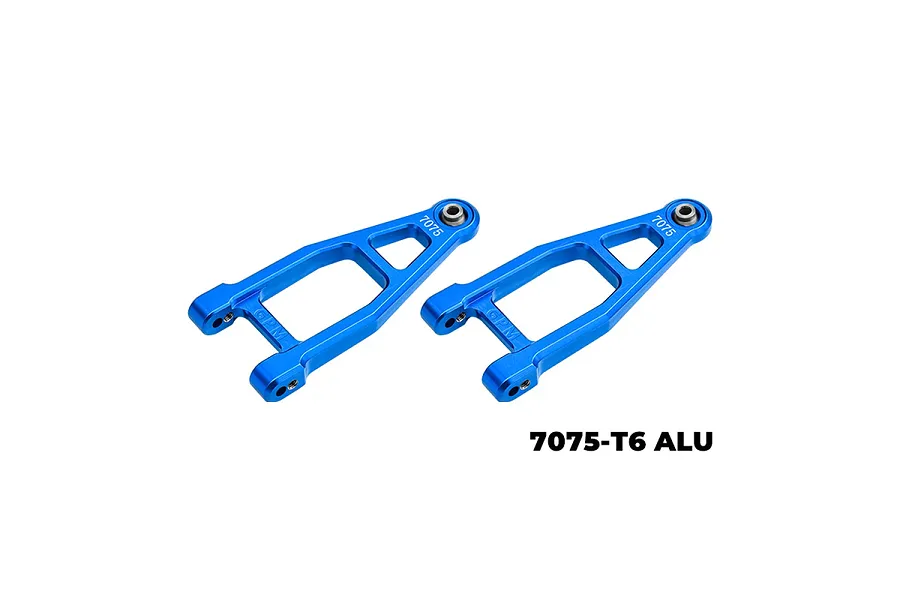 Two sky blue GPM Racing aluminium front upper suspension arms for RC cars, featuring 7075-T6 alloy construction.
