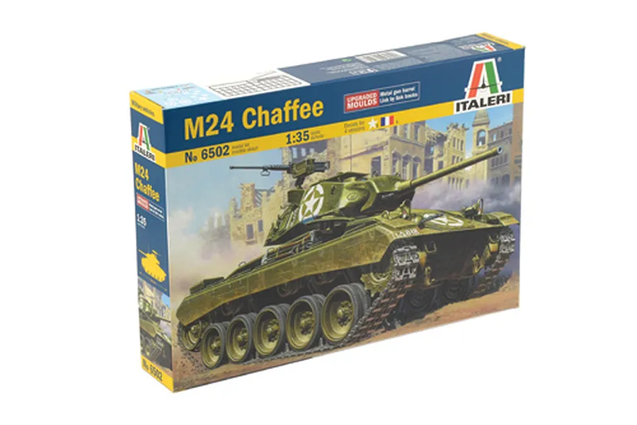 Italeri 1/35 scale M24 Chaffee tank plastic model kit box, featuring artwork of the tank in a war-torn city setting.