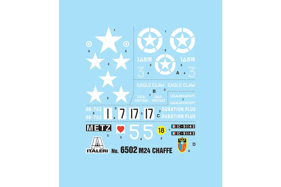 A decal sheet for the Italeri 1/35 M24 Chaffee tank model kit, featuring various white stars, numbers, and text markings on a light blue backing.