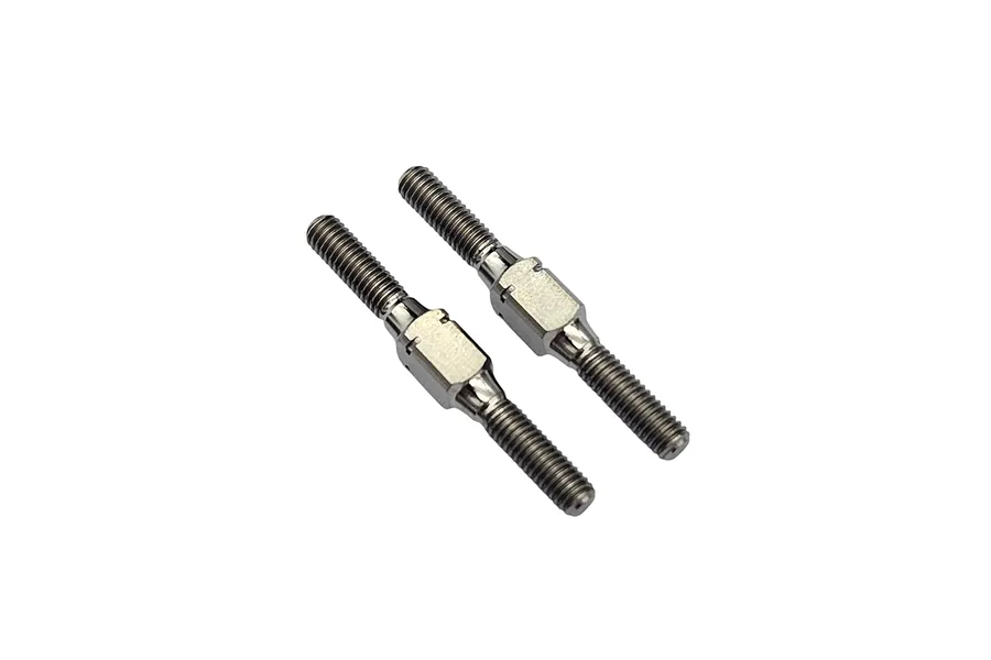 Two RC Maker GR.5 titanium steering turnbuckles with threaded ends and a central hexagonal adjustment section.