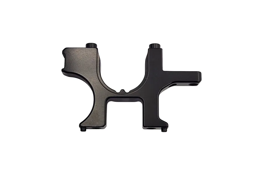 A black anodized aluminium RC car bulkhead part, viewed from the side against a white background.