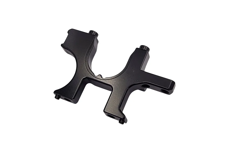 A black anodized aluminium RC car bulkhead component shown from an angled perspective against a white background.
