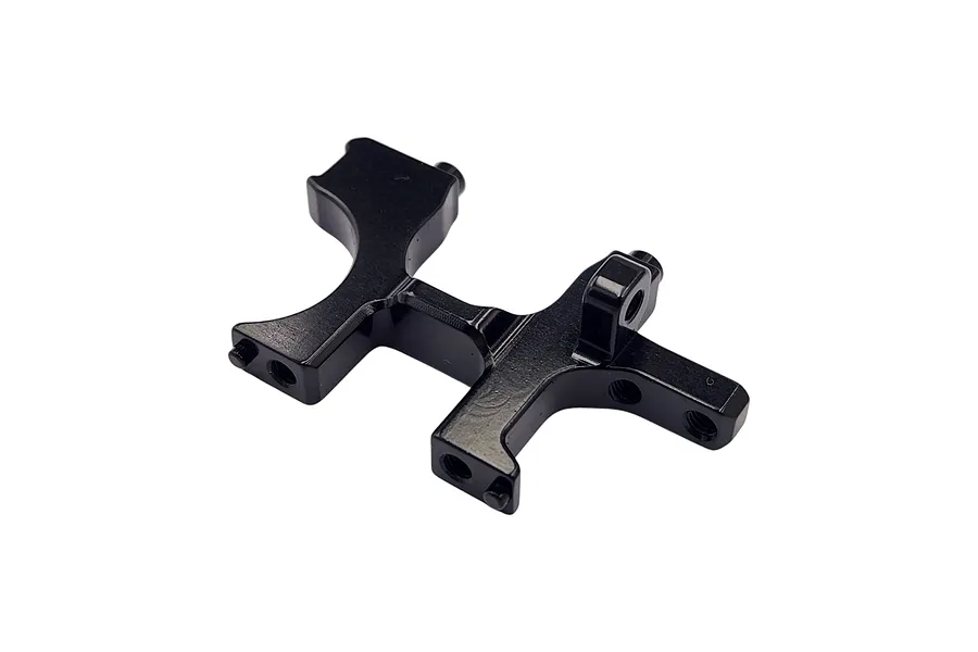 A black anodized aluminium RC car bulkhead part shown from an angled perspective against a white background.