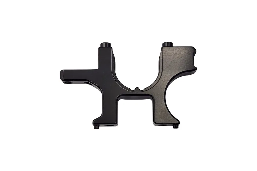 A black anodized aluminium RC car bulkhead component, shown from a side profile view against a white background.