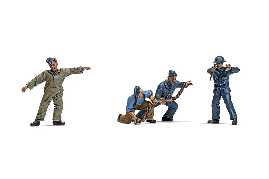 Four painted 1/48 scale RAF ground crew figures, including one standing, two kneeling with ammunition, and one standing with a tool.