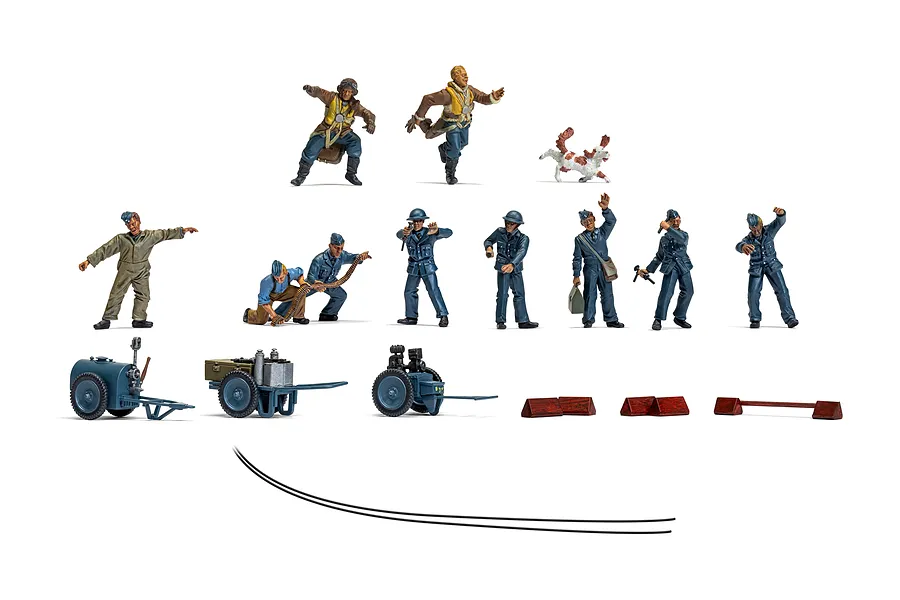 A collection of 1/48 scale WWII RAF ground crew figures, equipment, and accessories, including pilots, mechanics, a dog, and ground support gear.