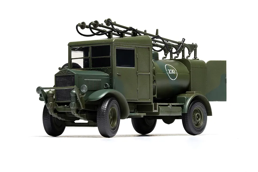 A 1/48 scale plastic model of an olive green Albion 3-Point Fueller truck, featuring a fuel tank with the number 230 and roof-mounted refueling booms.
