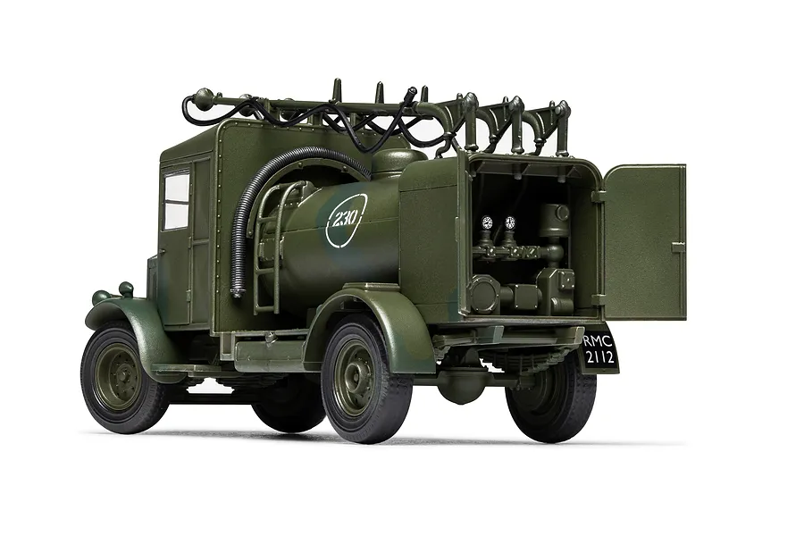 A 1/48 scale plastic model of an Albion 3-Point Fueller truck in olive green, featuring an open rear compartment showing fuel pump details.