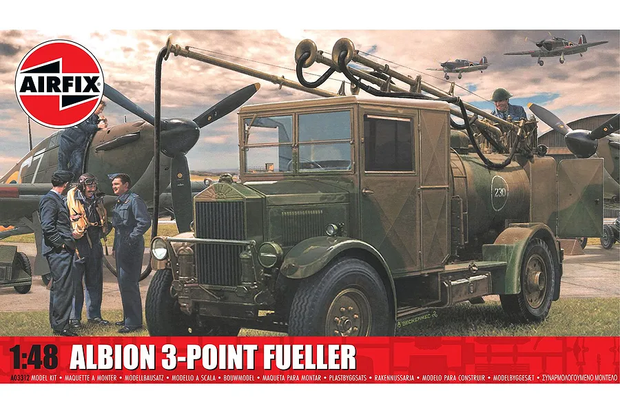 Airfix 1/48 scale Albion 3-Point Fueller plastic model kit box art showing a military fuel truck on an airfield with aircraft in the background.