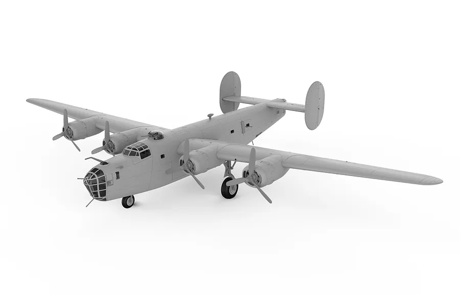 A grey, unpainted plastic model kit of a Consolidated B-24D Liberator bomber on a white background.