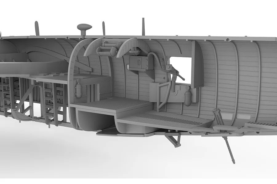 A 3D render of the interior fuselage section of a Consolidated B-24D Liberator model kit, showing detailed structural ribs, flooring, and mounted machine guns.