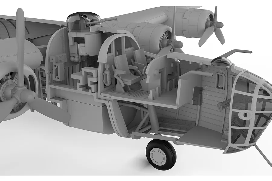 A 3D render of the interior cockpit and fuselage section of an Airfix Consolidated B-24D Liberator model kit, showing seats, controls, and landing gear.