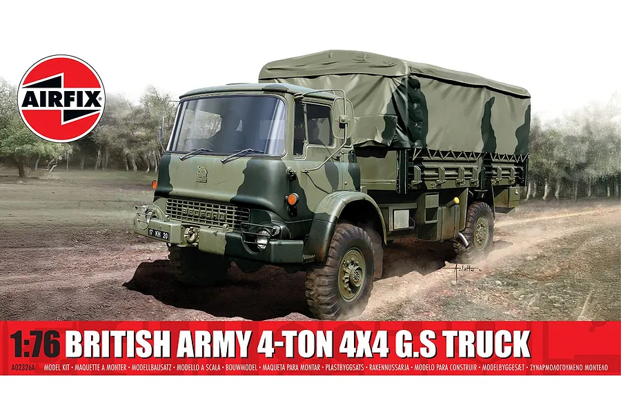 Airfix 1/76 scale British Army 4-ton 4x4 G.S. Truck plastic model kit box art showing a camouflaged military truck on a dirt road.