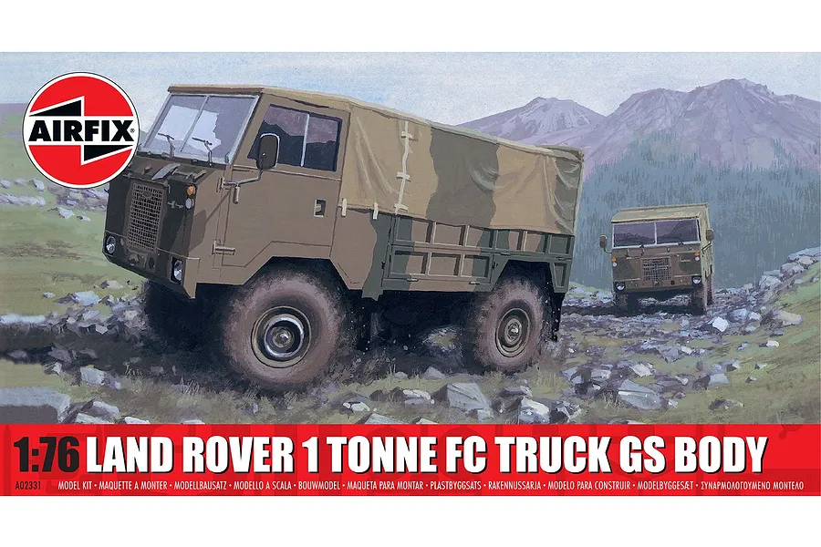 Airfix 1/76 scale Land Rover 1 Tonne FC Truck GS Body plastic model kit box art showing two trucks driving on a rocky mountain path.